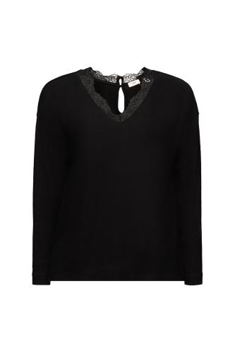 Esprit γυναικεία μπλούζα μονόχρωμη με floral δαντέλα στην λαιμόκοψη - 113EE1K309 Μαύρο